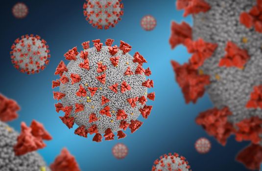 Covid19 viruses close-up on a blue background. 3d render.