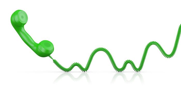 The Green handset with a wire on a white background. 3D rendering.