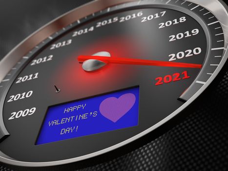 The speedometer shows 2021 and the inscription on the screen: Happy Valentine's Day. 3D render