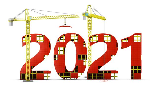 Two tower cranes building a volumetric figure of 2021. 3d render.
