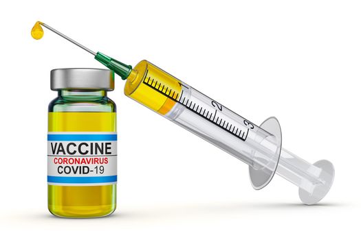 Vaccine bottle and syringe on a white background. 3d render.
