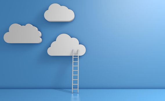 White clouds on a blue background and a ladder. 3d render.