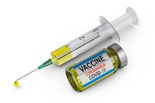 Coronovirus vaccine bottle and syringe. 3d render