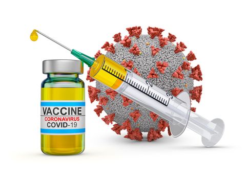 A vaccine bottle and syringe next to the coronovirus. 3d render.