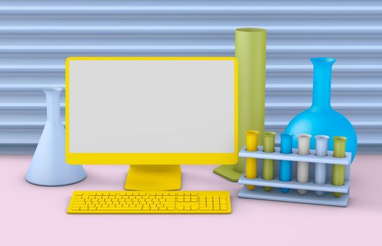 Yellow computer with blank screen and chemical laboratory test tubes. 3d.