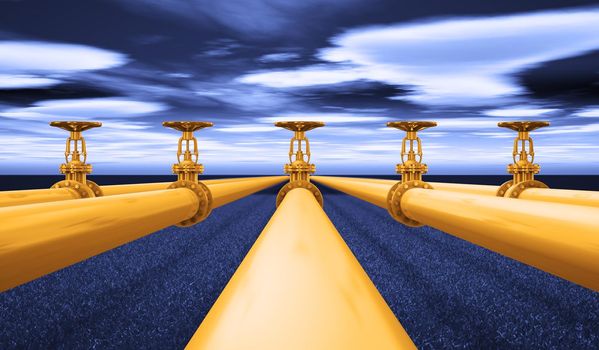 Yellow gas pipes on a background of blue grass and sky. 3d render.