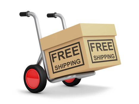 Cardboard box with the words "free shipping" on a trolley with wheels. 3d render