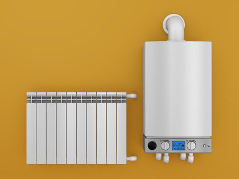 Gas boiler and radiator on the wall. 3d render
