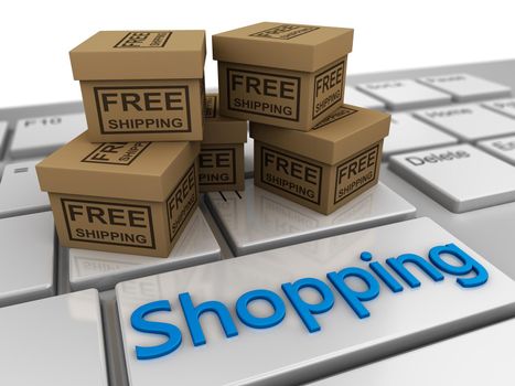 Cardboard boxes free shipping on the keyboard with the inscription shopping. 3d render.