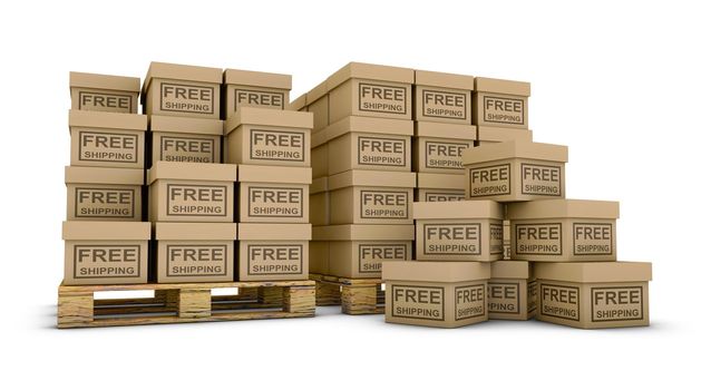 Boxes labeled free shipping on pallets. 3d render