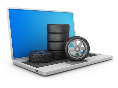 A stack of car tires and wheels on a laptop. 3d render