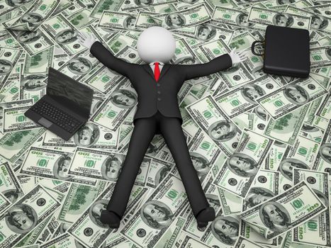 Faceless businessman in a suit lying on a pile of banknotes of dollars. 3d render.