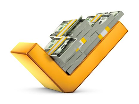 Volumetric figure of the check mark on which are packs of dollars. 3d render.