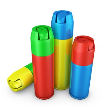 Color spray cans on a white background. 3d render