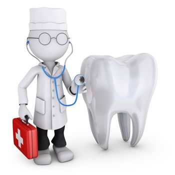 Doctor with a suitcase next to a tooth. 3d render.