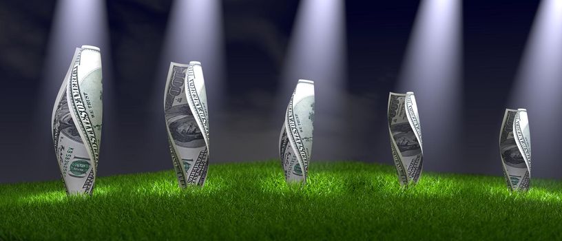 Dollar bills on the grass in the rays of light. 3drender/