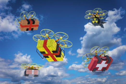 Drones with various cargoes against the sky. 3d render.