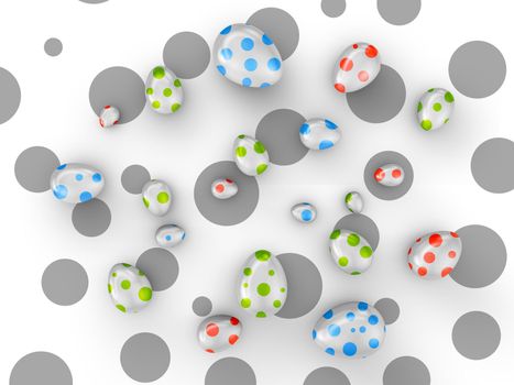 Eggs with colored dots on a background of black circles. 3d render