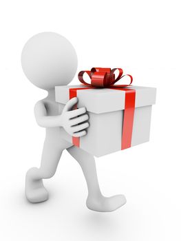 Faceless man carries a big gift box with red ribbon. 3d render