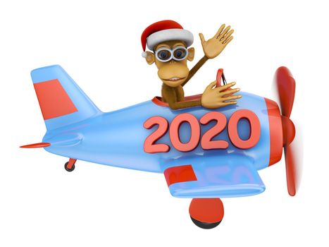 monkey with glasses on a blue airplane with an inscription 2020. 3d render.