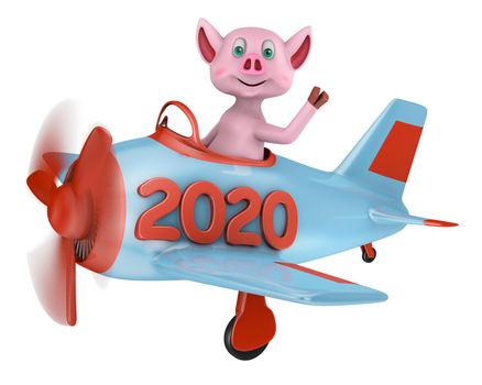 Piglet in an airplane with an inscription 2020 on a white background. 3D rendering.