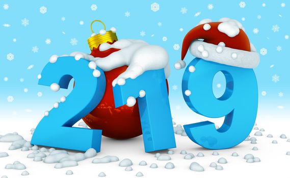 The numbers 219 and ball Christmas tree on which the snow falls. 3d rendering.
