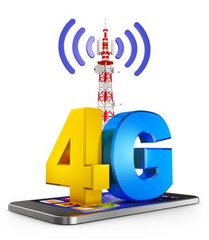 4G on the smartphone and a communications tower. 3d rendering.