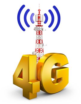 4G and a communications tower. 3d rendering.