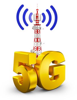 5G and a communications tower. 3d rendering.