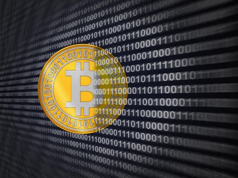 Coin bitcoin on the background of binary code. 3d rendering.