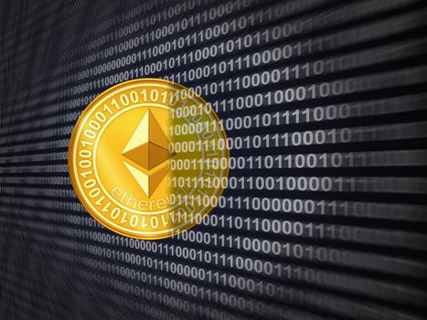 Coin etherum on the background of binary code. 3d rendering.
