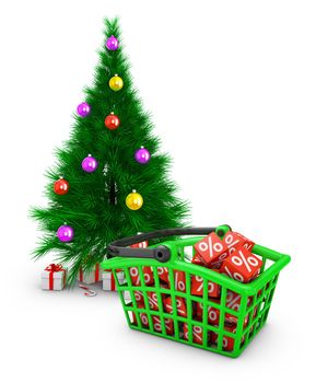 A green shopping basket in which there are red cubes with percentages and a Christmas tree. 3d render
