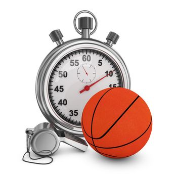 Basketball, referee whistle and stopwatch on a white background. 3d rendering.