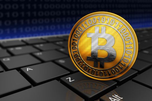 Coin bitcoin on the keyboard. 3d rendering.