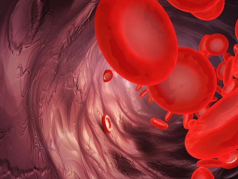 A close-up of the movement of blood particles in the artery. 3d rendering.