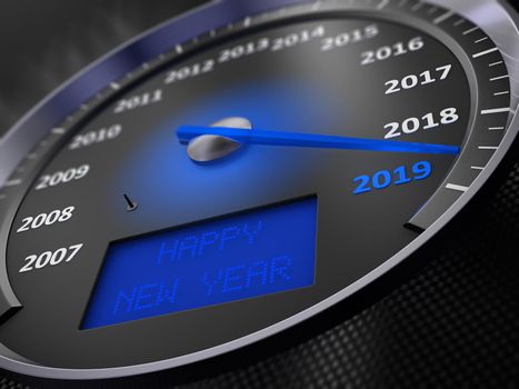 The blue speedometer indicates 2019 and the inscription on the screen: Happy New Year. 3d render