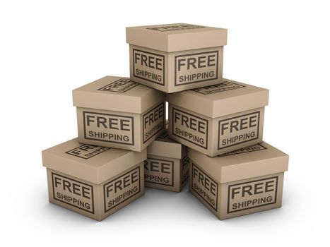 Boxes with the inscription - free shipping on a white background. 3d render