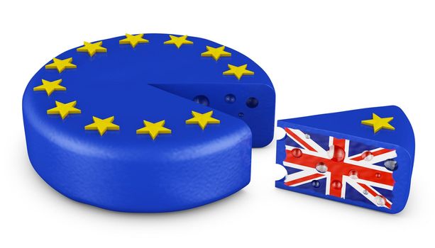 Head of cheese in the form of the EU flag and a piece with the flag of the UK. 3d render.