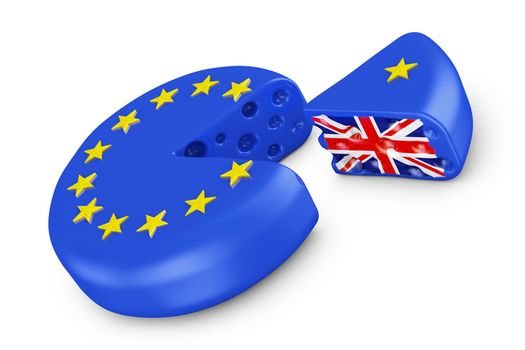 Head of cheese in the form of the EU flag and a piece with the flag of the UK. 3d render.