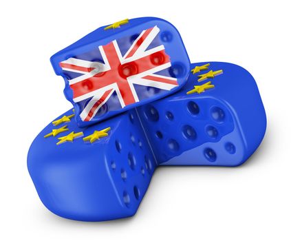 Head of cheese in the form of the EU flag and a piece with the flag of the UK. 3d render.