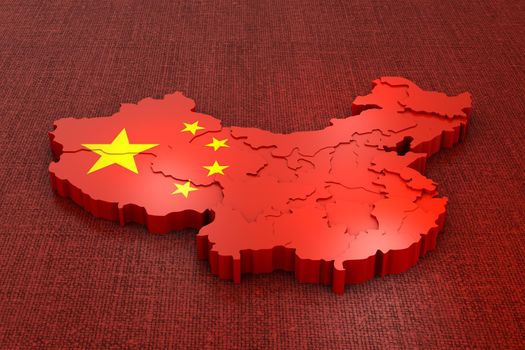 A volumetric map of China on the flag. 3d rendering.