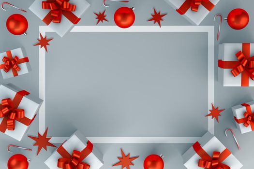 Postcard with a picture of gift boxes and Christmas balls. 3d render