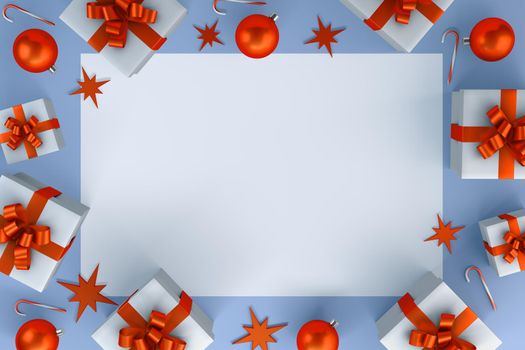 Postcard with a picture of gift boxes and Christmas balls. 3d render