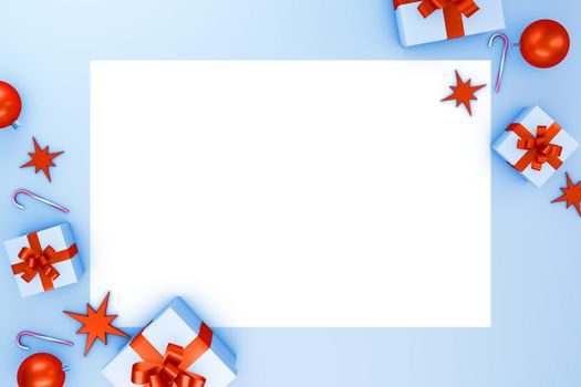 Postcard with a picture of gift boxes and Christmas balls. 3d render