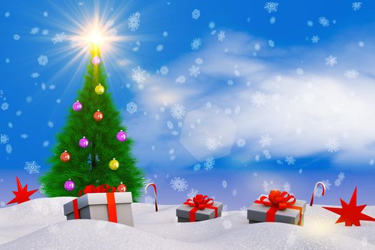 Christmas tree on the snow and gift. 3d render
