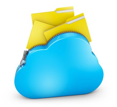 Cloud with a zipper and folders with files. 3D rendering.