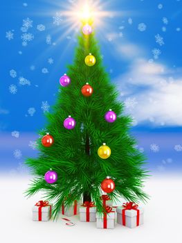 Christmas tree on the snow and gift. 3d render
