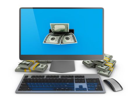 Computer and packs of dollars on a white background. 3d render
