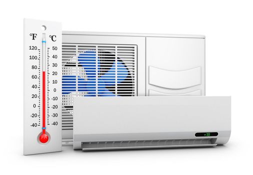 Air conditioner and thermometer on white background. 3d rendering.