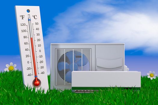 air conditioning and thermometer on grass. 3d rendering.